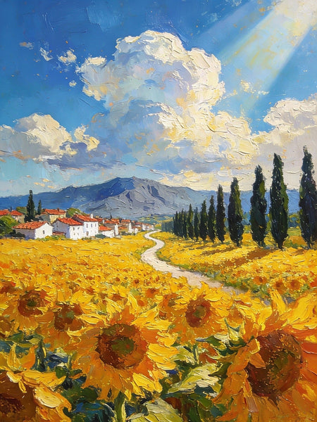 Landscape Oil Paintings, Sunflower Fields in Full Bloom, Provence, Heavy Texture Oil Paintings, On Canvas Small Paintings, Hand Painted Canvas Art, Original Small Paintings-Silvia Home Craft