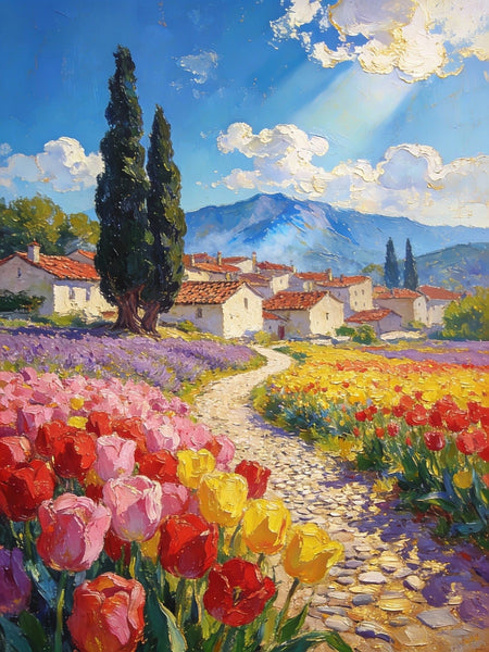 On Canvas Small Paintings, The Countryside Adorned with Blooming Tulips, Hand Painted Canvas Art, Original Artwork Small Paintings on Wall, Landscape Oil Paintings-Silvia Home Craft
