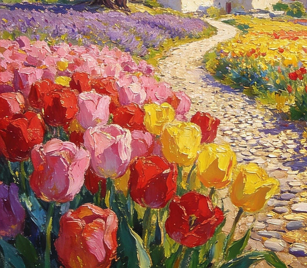 On Canvas Small Paintings, The Countryside Adorned with Blooming Tulips, Hand Painted Canvas Art, Original Artwork Small Paintings on Wall, Landscape Oil Paintings-Silvia Home Craft