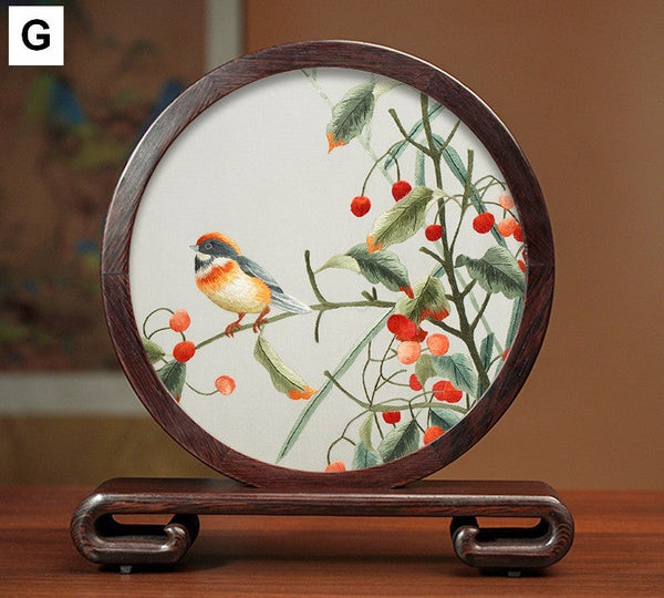 Exclusive Business Presents, Creative Birthday Gift, Premium Souvenir, Silk Embroidered Ornament, Traditional Chinese Suzhou Flower and Birds Embroidery Ornaments-Silvia Home Craft