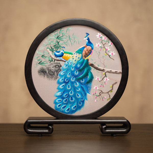Traditional Chinese Suzhou Embroidery Ornament, Exclusive Business Present Peacock Embroidered Decor, Premium Souvenir, Unique Birthday Gift-Silvia Home Craft