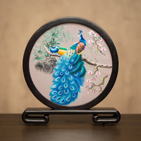 Traditional Chinese Suzhou Embroidery Ornament, Exclusive Business Present Peacock Embroidered Decor, Premium Souvenir, Unique Birthday Gift-Silvia Home Craft