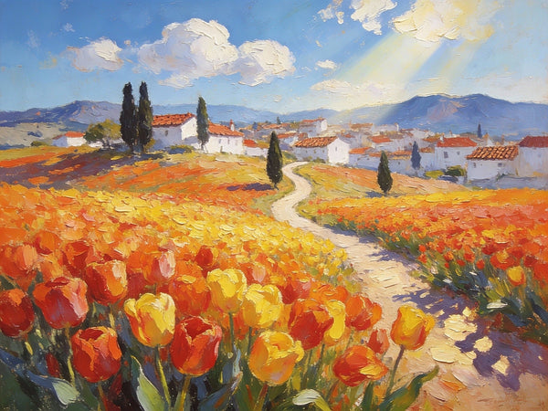 Original Oil Paintings, Village Amidst the Tulip Fields, Small Oil Paintings on Canvas, Small Canvas Paintings, Hand Painted Canvas Art, Simple Painting Ideas, Small Landscape Paintings-Silvia Home Craft