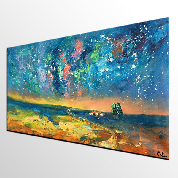 Abstract Landscape Paintings, Starry Night Sky Oil Painting, Landscape Canvas Paintings, Custom Original Oil Painting on Canvas