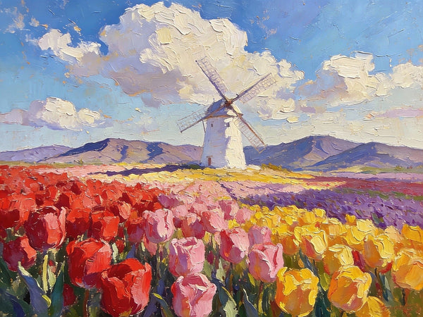 Windmills Amidst the Blooming Tulip Fields, Small Landscape Paintings, Small Oil Paintings on Canvas, Small Canvas Paintings, Original Oil Paintings, Hand Painted Canvas Art, Simple Painting Ideas-Silvia Home Craft