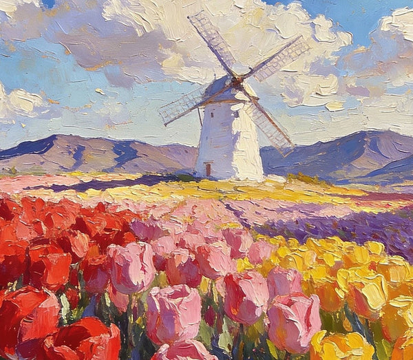 Windmills Amidst the Blooming Tulip Fields, Small Landscape Paintings, Small Oil Paintings on Canvas, Small Canvas Paintings, Original Oil Paintings, Hand Painted Canvas Art, Simple Painting Ideas-Silvia Home Craft