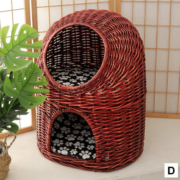 Large Double-Layer Cat Bed, Wicker Cat House Basket with Washable Cushion for Indoor Cats and Dogs-Silvia Home Craft