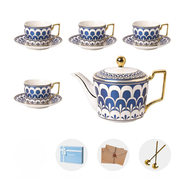 Porcelain Tea Cup and Saucer Set of 4 cups, Blue Tea Cup and Saucer Set with Teapot in Gift Box, 7.4 oz Modern Ceramic Coffee Cups for Office-Silvia Home Craft