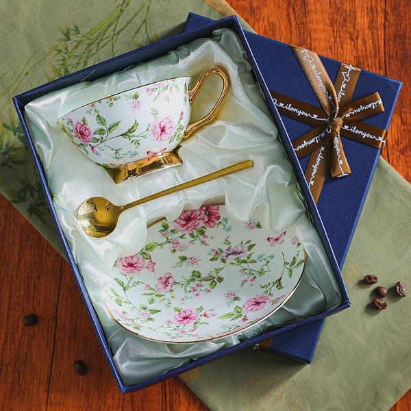 Floral Porcelain Tea Cup and Saucer Set, Ceramic Coffee Cup with Saucer, Traditional English Tea Cup and Saucer Set, Afternoon British Tea Cup with Saucer-Silvia Home Craft