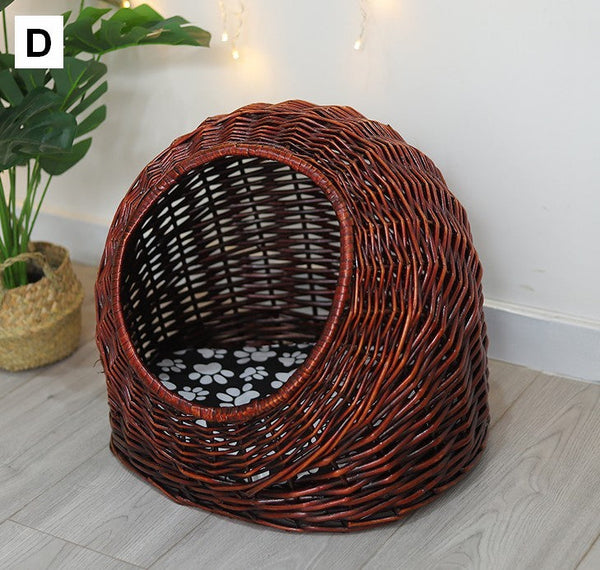 Hand woven Rattan Cat Bed, Natural Wicker Cat House Basket with Washable Cushion for Indoor Cats and Dogs-Silvia Home Craft