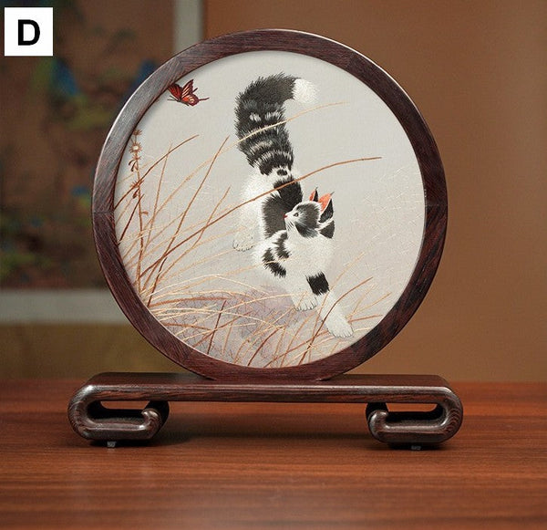 Exclusive Business Present, Lovely Kitty Cat Embroidered Decor, Premium Souvenir, Unique Birthday Gift, Traditional Chinese Suzhou Kitten Embroidery Ornament-Silvia Home Craft
