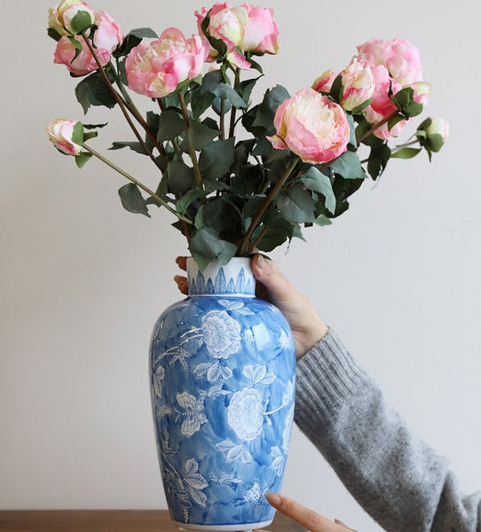 Centerpiece Ceramic Bouquet Vases, Handmade Modern Flower Vase, Large Flower Vases on Dining Table, Blue Porcelain Flower Vases-Silvia Home Craft