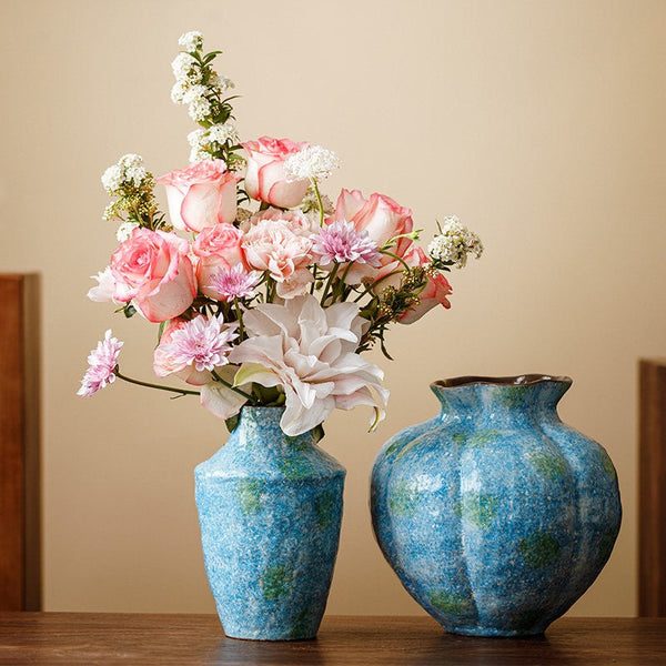 Pottery Flower Vases, Modern Bouquet Flower Vases, Centerpiece on Dining Table, Blue Flower Vase on Table, Handmade Water Holding Flower Vases-Silvia Home Craft