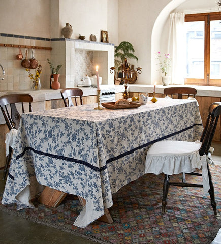 Extra Large Vintage Rectangle Tablecloth for Dining Room Table, Rustic Farmhouse Table Cover for Kitchen, French Flower Pattern Tablecloth for Round Table-Silvia Home Craft