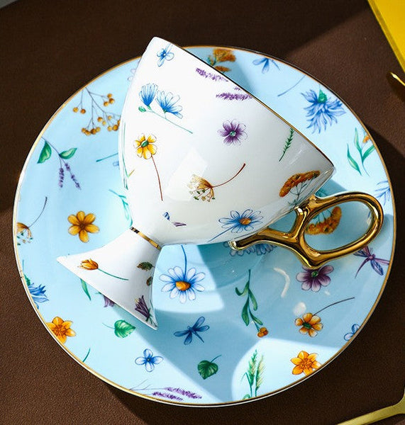 Elegant British Ceramic Coffee Cup with Saucer, 6.8 oz Tea Cup and Saucer Set in Gift Box, Floral Porcelain Tea Cup and Saucer Set, Flower Ceramic Tea Cup and Saucer-Silvia Home Craft