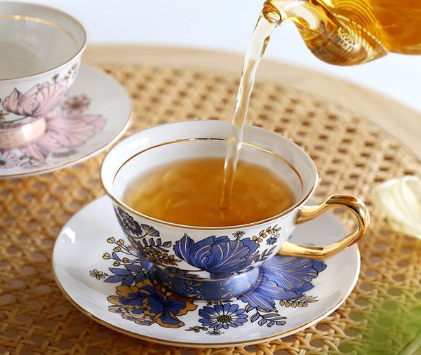 Afternoon British Tea Cups, Unique Iris Flower Tea Cups and Saucers in Gift Box, Elegant Ceramic Coffee Cups, Royal Bone China Porcelain Tea Cup Set-Silvia Home Craft