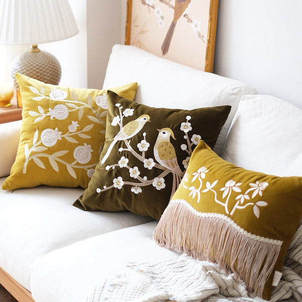 Embroidered birds cushion, Decorative Pillows for Couch, Vintage Decorative Pillows, Modern Throw Pillows for Bedroom, Decorative Pillow Arrangement Ideas for Couch-Silvia Home Craft