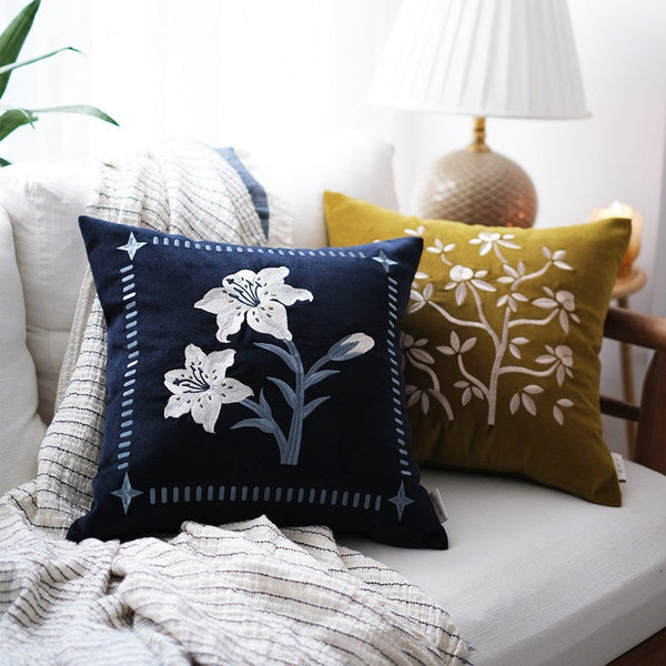 Dark Blue Lily Embroidered Cushion, Living Room Decorative Pillows, Decorative Pillow Arrangement Ideas for Couch, Large Decorative Pillows for Couch, Modern Throw Pillows for Bedroom-Silvia Home Craft