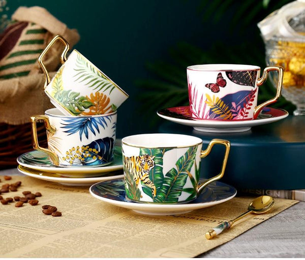 Elegant Porcelain Coffee Cups, Coffee Cups with Gold Trim and Gift Box, 7.4 oz Tea Cup and Saucer, Jungle Animal Porcelain Coffee Cups-Silvia Home Craft