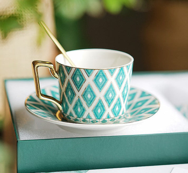 Afternoon Green British Tea Cups, Unique Ceramic Coffee Cups, Creative Porcelain Tea Cup Saucer Set, Traditional English Tea Cup and Saucer-Silvia Home Craft