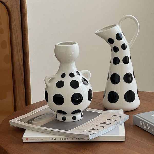 Ceramic Bud Vases, Small Flower Vases on Table, Black and White Polka Dot Flower Vase, Modern Porcelain Flower Vases, Handmade Water Holding Flower Vases-Silvia Home Craft