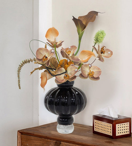 Unique Contemporary Vases for Modern Home Decor, Black Glass Bud Vases, Handmade Liuli Vases, Centerpiece Vases on Table, Black Glaze Vase-Silvia Home Craft