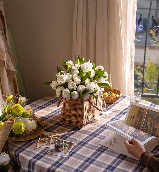 Spring Artificial Floral for Dining Room Table, White Tulip Flowers, Bedroom Flower Arrangement Ideas, Simple Modern Floral Arrangement Ideas for Home Decoration-Silvia Home Craft