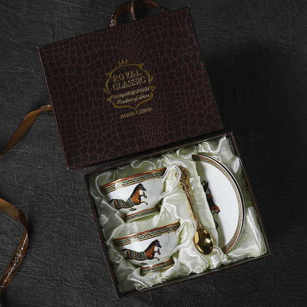 Elegant British Horse Pattern Coffee Cup with Saucer, 7.4 oz Ceramic Tea Cup and Saucer in Gift Box, Porcelain Tea Cup and Saucer Set-Silvia Home Craft