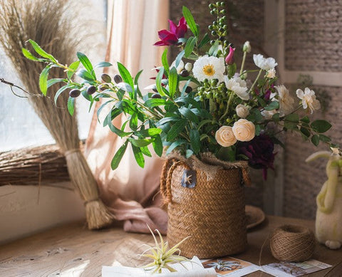 Clematis, Olive Branch, Sweet Alyssum, Corn poppy, Cranberry, Iceberg Rose Flowers, Unique Flower Arrangement for Home Decoration, Beautiful Artificial Flowers for Living Room-Silvia Home Craft