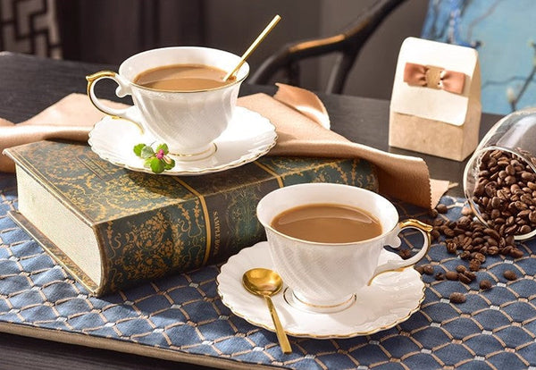 White Porcelain Tea Cup Saucer Set, 8 oz British Tea Cup and Saucer in Gift Box, Unique British Ceramic Coffee Cups for Traditional Afternoon Tea-Silvia Home Craft