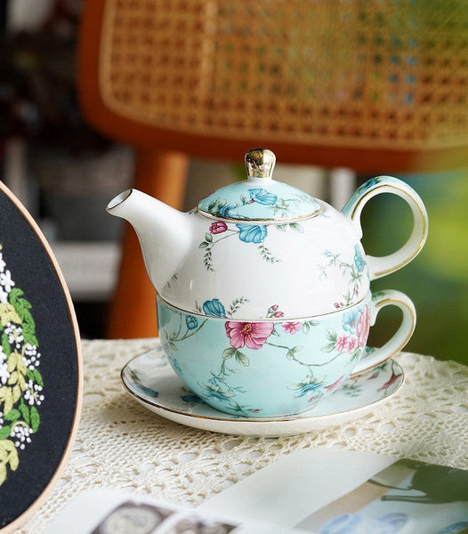Porcelain Teapot with Matching Cup and Saucer in Gift Box, Stackable Teapot and Cup Set, Ceramic Tea Pot with Integrated Cup, Mother and Baby Teapot with Matching Saucer-Silvia Home Craft