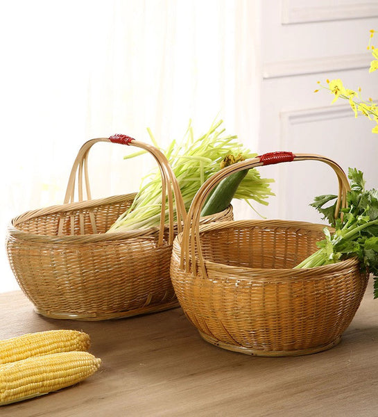 Natural Hand-woven Bamboo Basket, Extra Large Picnic Food Basket with Handle, Lovely Bamboo Baskets for Vegetable, Natural Fruit Basket Kitchen Storage Baskets-Silvia Home Craft