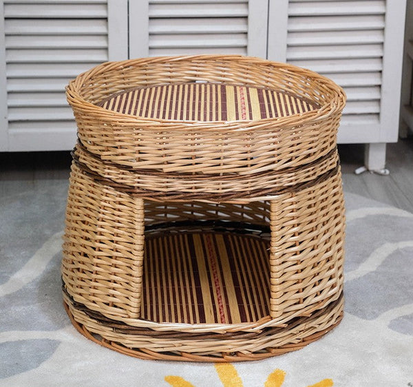 Large Double-Layer Cat Bed, Wicker Cat House Basket with Washable Cushion for Indoor Cats and Dogs-Silvia Home Craft