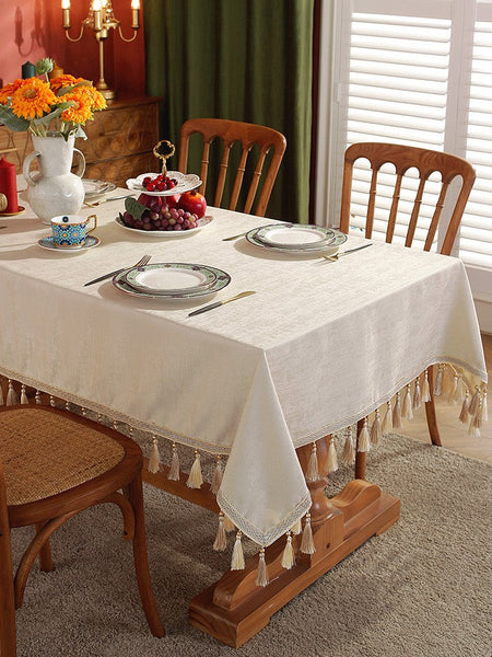 Modern Rectangle Tablecloth for Kitchen, Beige Fringes Tablecloth for Home Decoration, Square Tablecloth for Round Table, Large Simple Table Cloth for Dining Room Table-Silvia Home Craft