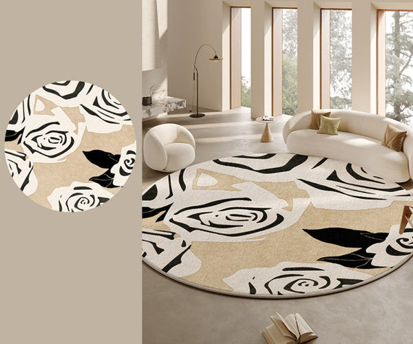 Abstract Contemporary Rugs for Bedroom, Modern Round Rugs under Coffee Table, Circular Rugs for Dining Table, Modern Cream Color Rugs for Living Room-Silvia Home Craft