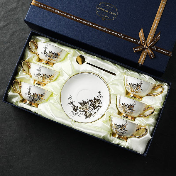 Golden Leaves and Grapes Porcelain Tea Cup Saucer Set, 7.4 oz British Tea Cup and Saucer in Gift Box, Elegant British Ceramic Coffee Cups-Silvia Home Craft