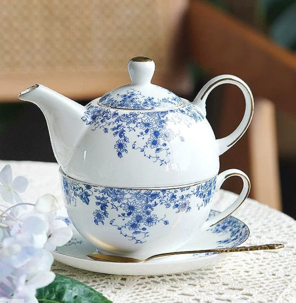 British Style Porcelain Teapot with Matching Cup and Saucer in Gift Box, Ceramic Tea Pot with Integrated Cup, Stackable Teapot and Cup Set, Mother-and-Baby Teapot with Matching Saucer-Silvia Home Craft