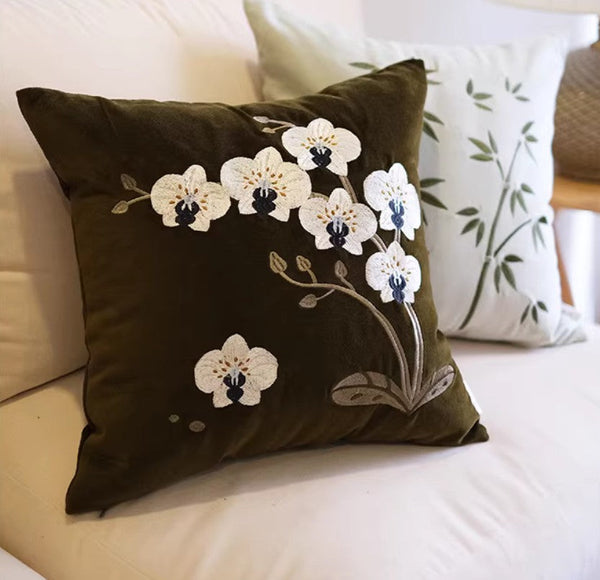Dark Olive Green Embroidered Moth Orchid Cushion, Large Decorative Pillows for Couch, Decorative Pillow Arrangement Ideas for Couch, Living Room Decorative Pillows, Modern Throw Pillows for Bedroom-Silvia Home Craft