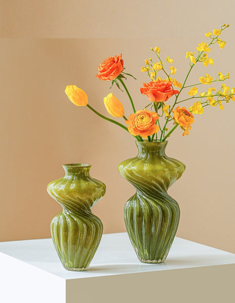 Unique Decorative Glass Vase, Centerpiece Vases on Table, Handmade Contemporary Glass Vases, Modern Green Vases for Living Room, Mid Century Vases for Flowers-Silvia Home Craft