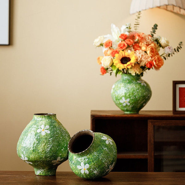 Modern Pottery Flower Vases, Centerpiece on Dining Table, Handmade Water Holding Flower Vases, Pottery Bud Vases, Large Green Flower Vases on Table-Silvia Home Craft