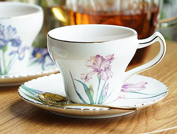 Iris Flower British Tea Cups, Beautiful Porcelain Tea Cup Saucer Set, Traditional English Tea Cup and Saucer, Unique Ceramic Coffee Cups in Gift Box-Silvia Home Craft