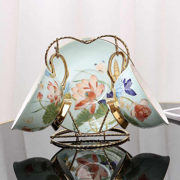 Lotus Flower Bone China Porcelain Tea Cup Set, Unique British Tea Cup and Saucer in Gift Box, Elegant British Ceramic Coffee Cups-Silvia Home Craft