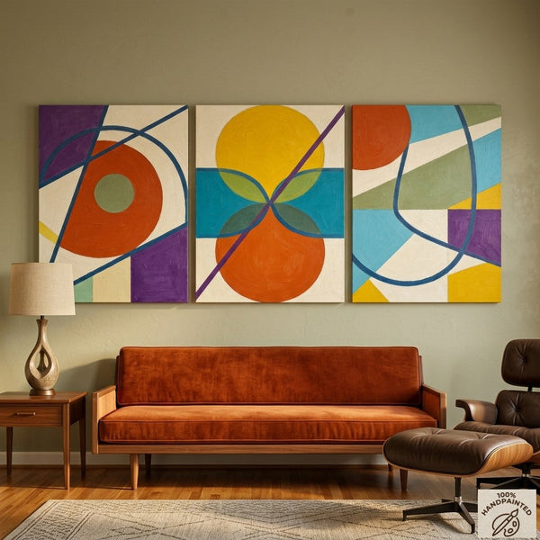 Abstract Paintings for Mid Century Modern Living Room, Multi Panel Canvas Art, Geometric Pattern Contemporary Artwork-Silvia Home Craft