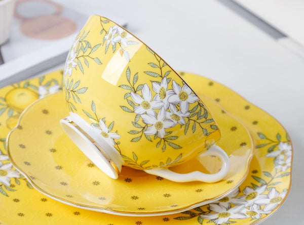 Creative Yellow Ceramic Coffee Cups, Unique Flower Coffee Cup and Saucer, Beautiful British Tea Cups, Creative Porcelain Tea Cup Set-Silvia Home Craft