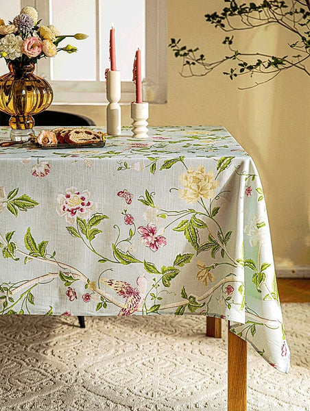 Singing Bird Tablecloth for Round Table, Kitchen Table Cover, Flower Table Cover for Dining Room Table, Modern Rectangle Tablecloth Ideas for Oval Table-Silvia Home Craft