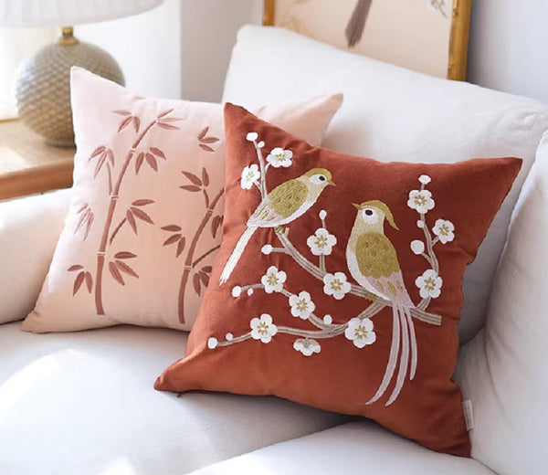Modern Throw Pillows for Bedroom, Decorative Pillows for Couch, Vintage Decorative Pillows, Embroidered Birds Cushion, Decorative Pillow Arrangement Ideas for Couch-Silvia Home Craft
