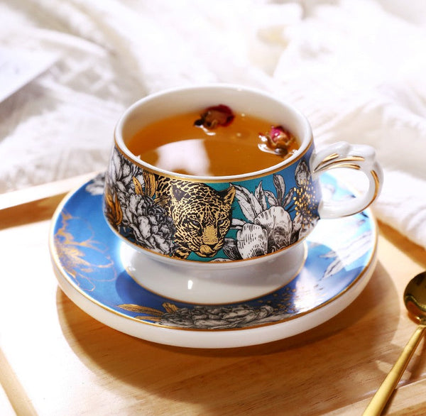 Creative Ceramic Tea Cup and Saucer, Jungle Tiger Cheetah Porcelain Coffee Cups, Unique Ceramic Cups with Gold Trim and Gift Box-Silvia Home Craft