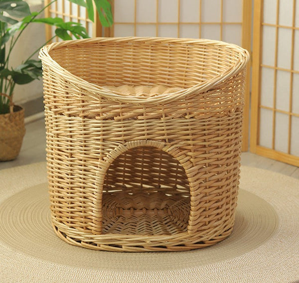 Washable Wicker Cat Bed, Wicker Cat House with Washable Cushion for Indoor Cats and Dogs-Silvia Home Craft