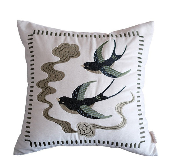 Luxury Decorative Pillows for Couch, Modern Throw Pillows for Couch, Vintage Decorative Pillows, Embroidered Swallow Birds Cushion, Decorative Pillow Arrangement Ideas for Bed-Silvia Home Craft