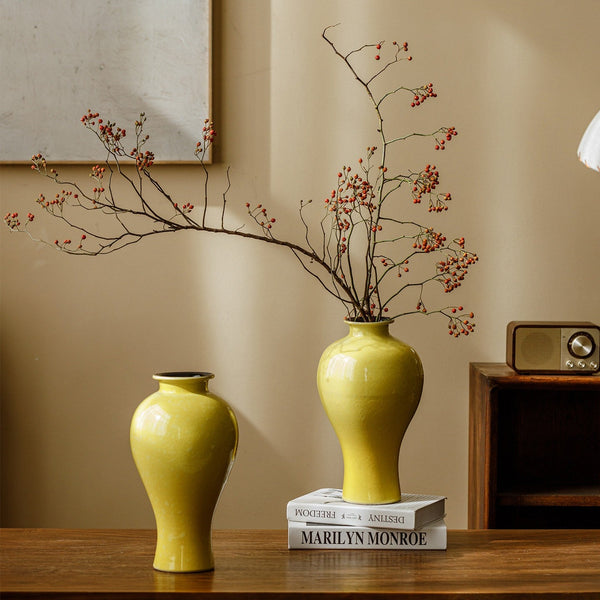 Porcelain Flower Vases, Handmade Water Holding Flower Vase, Yellow Flower Vases on Table, Ceramic Bud Vases-Silvia Home Craft